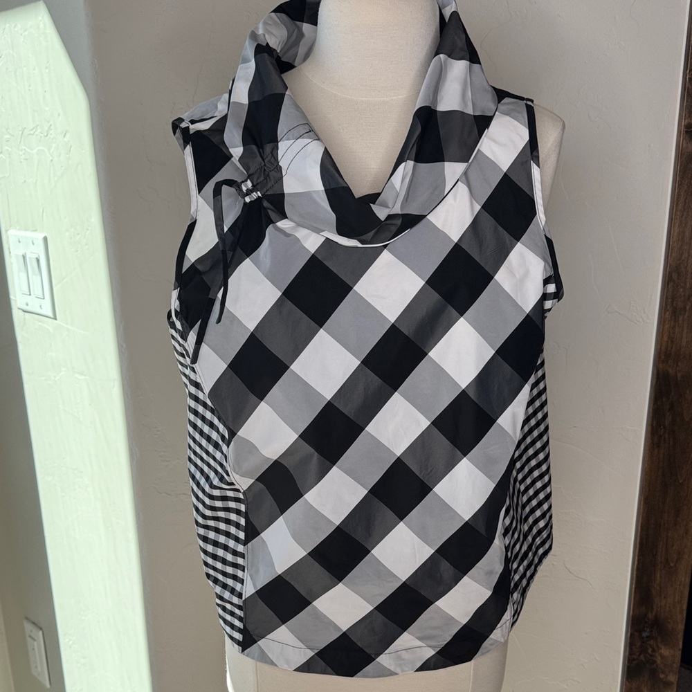 Unique & Fun Black and White Plaid Checkered Cowl Neck Crop Top